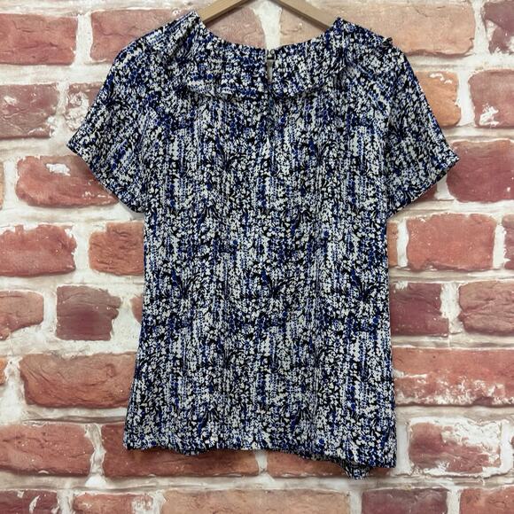 Banana Republic Top Women's S Blue Multicolor Floral Abstract Pleated Neck Shirt - Picture 4 of 8